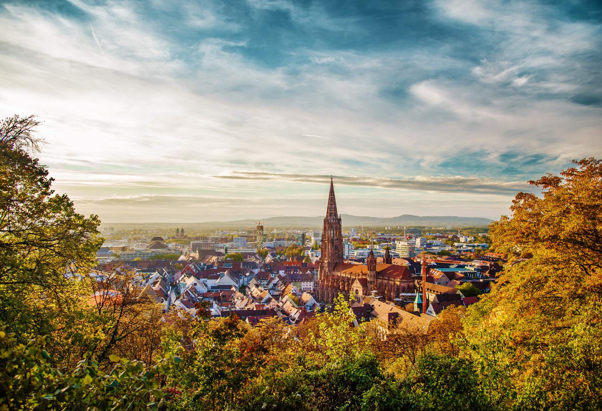 View from above over Freiburg im Breisgau with Freiburg minster (cathedral) after being renovated for years