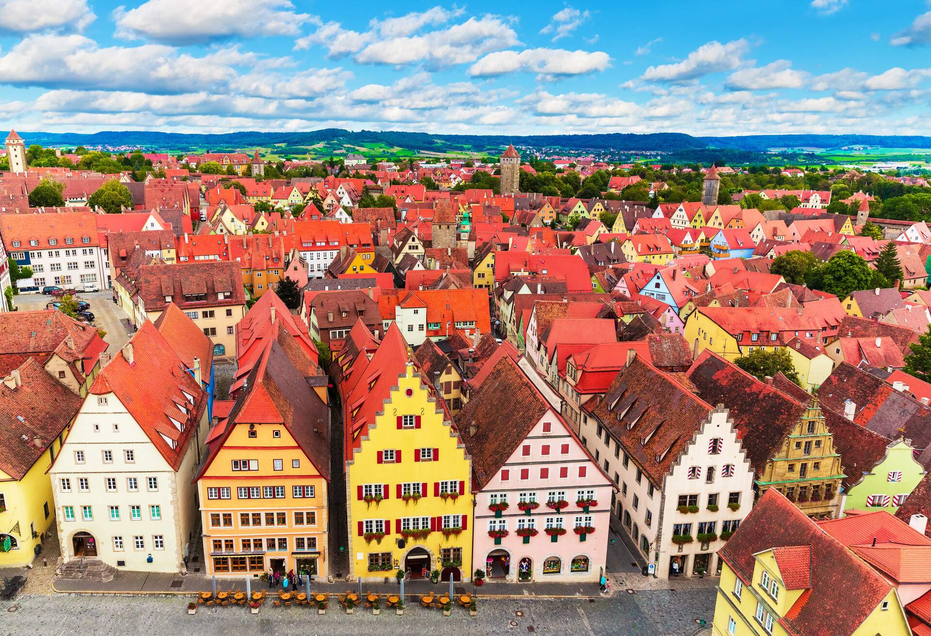 Scenic summer aerial panorama of the Old Town architecture and Market Square in Rothenburg ob der Tauber, Bavaria, Germany