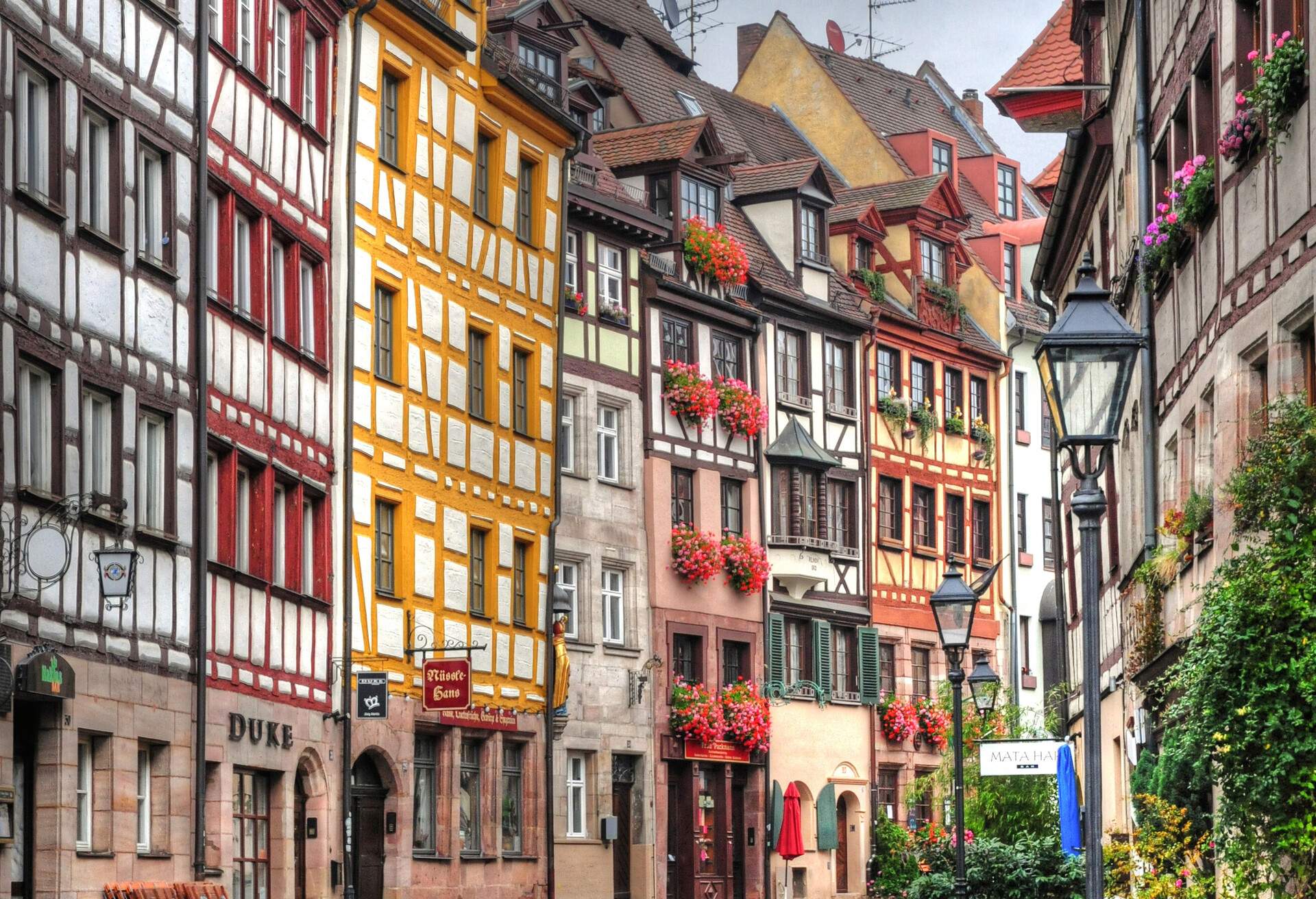 Row houses on street, Weissgerbergasse, Nuremberg, Germany.