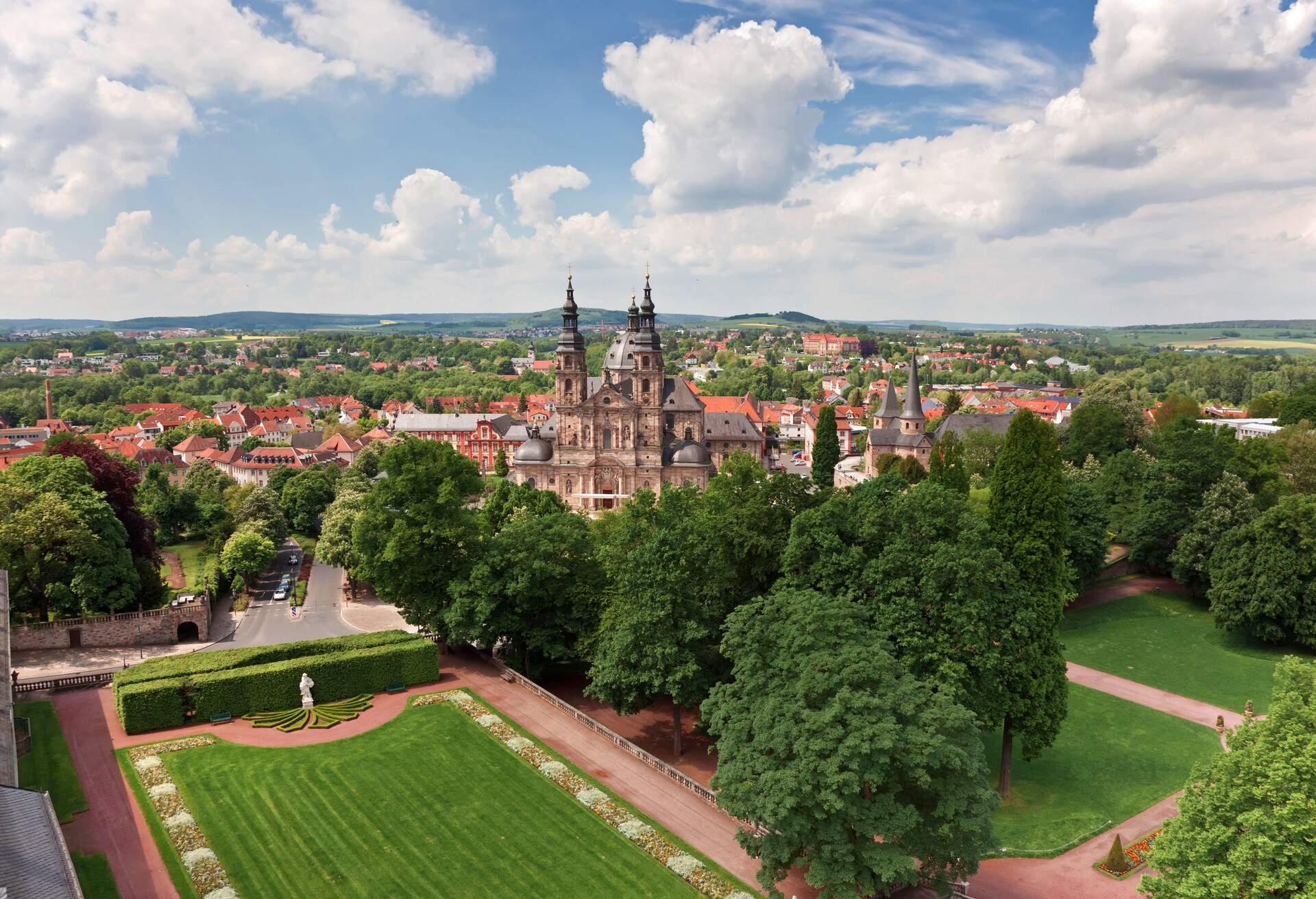 overlooking the cathedral and urban landscape of Fulda from the viewing platform of the city hall