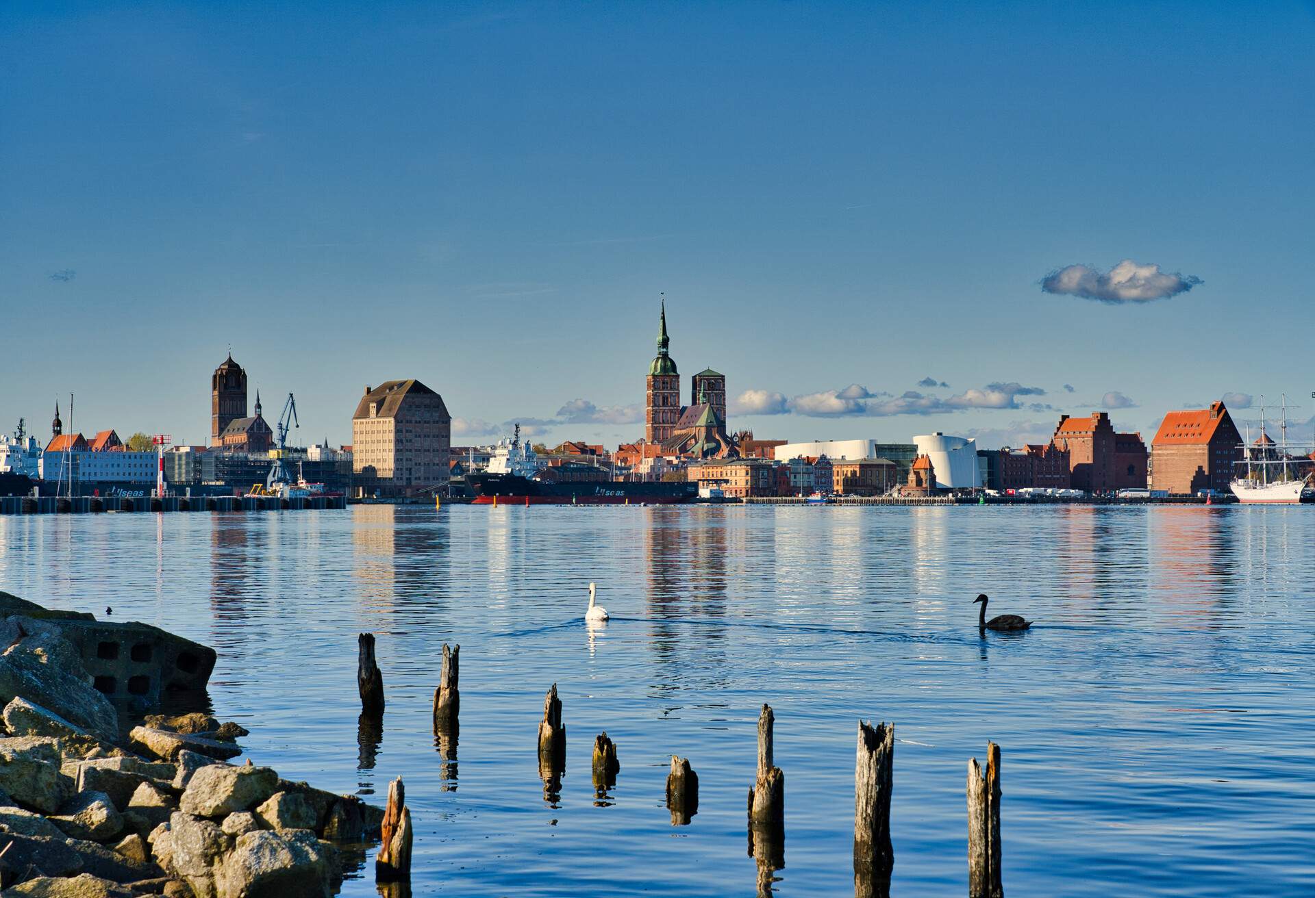 Panoramic view of the hanseatic city of Stralsund from Dänholm.
