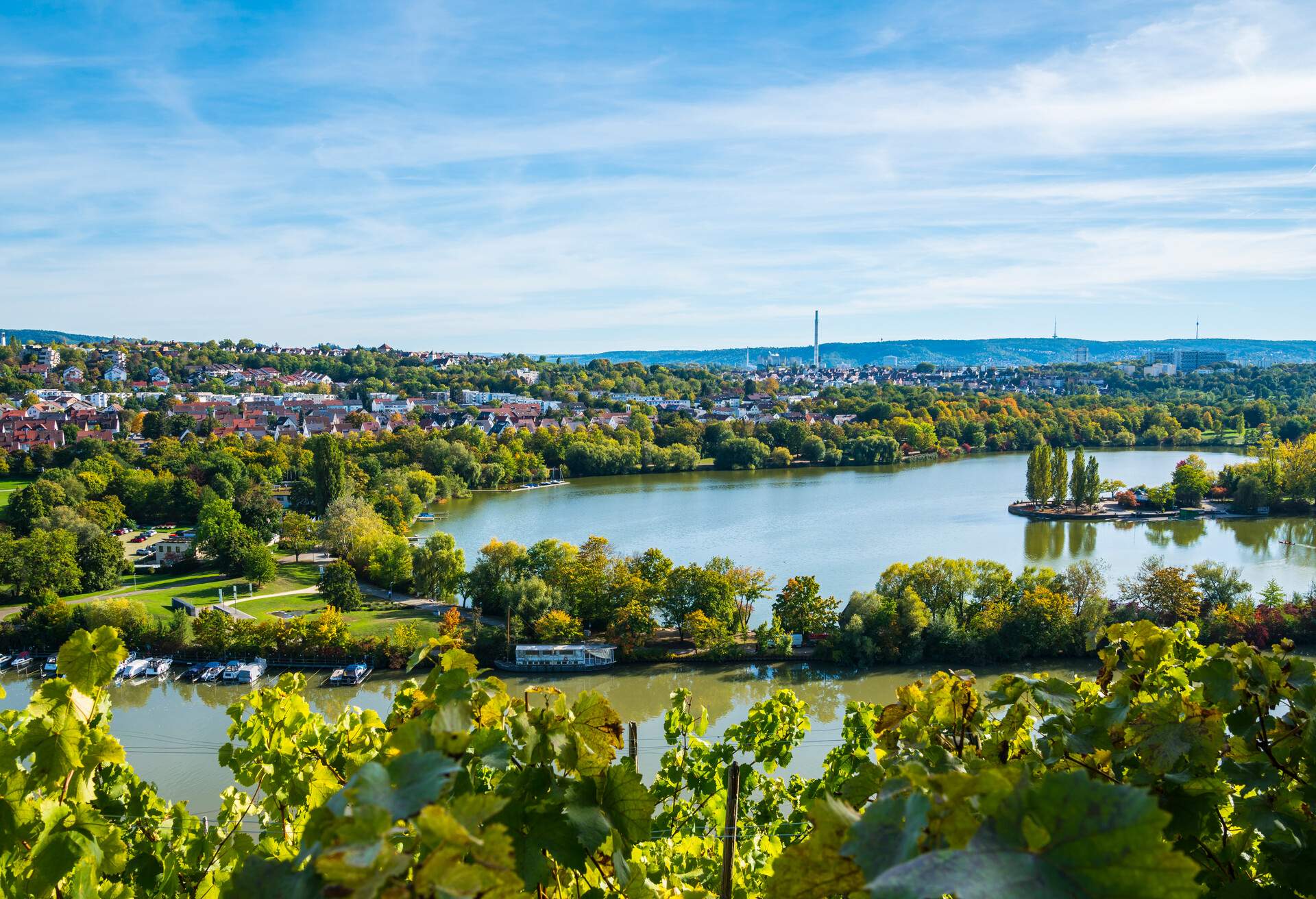 Germany, Stuttgart panorama view of max eyth see lake