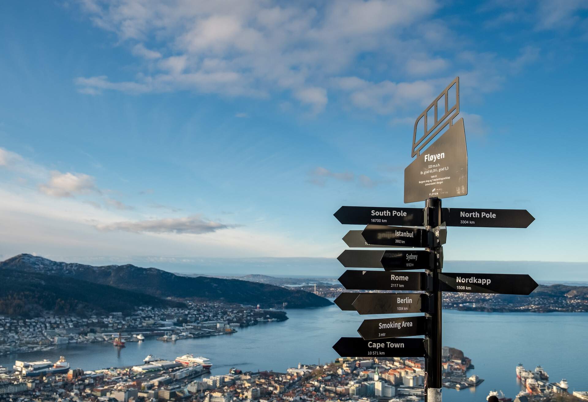 Spectacular view of Bergen from the summit of Mount Fløyen. Taking the Fløibanen funicular railway to the viewpoint is one of Norway's top attractions.
