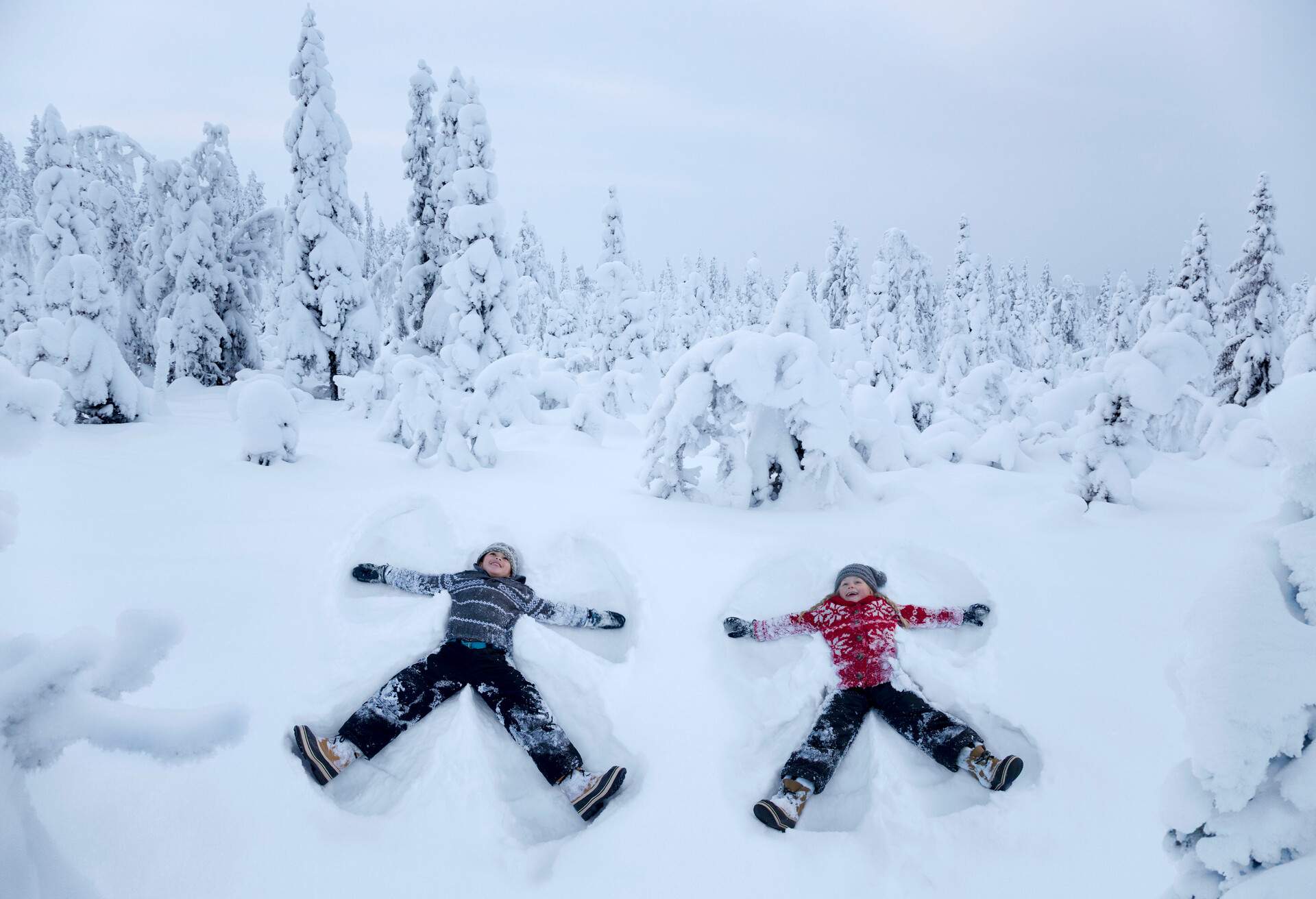 A YOUNG GIRL AND A YOUNG BOY MAKING SNOW ANGELS IN A SNOWY FOREST