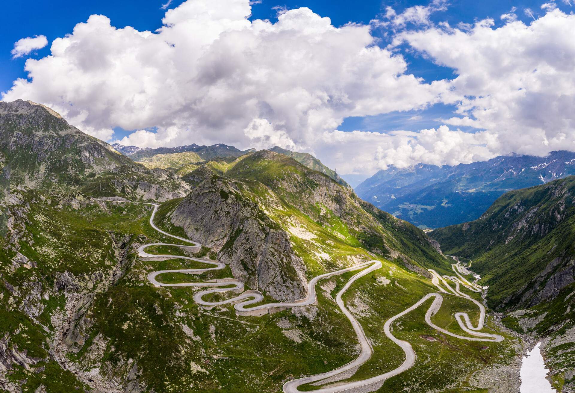 Dramatic aerial view of the gotthard pass ancient road, the Tremola, that links the canton of Ticino and Uri through the alps in Switzerland