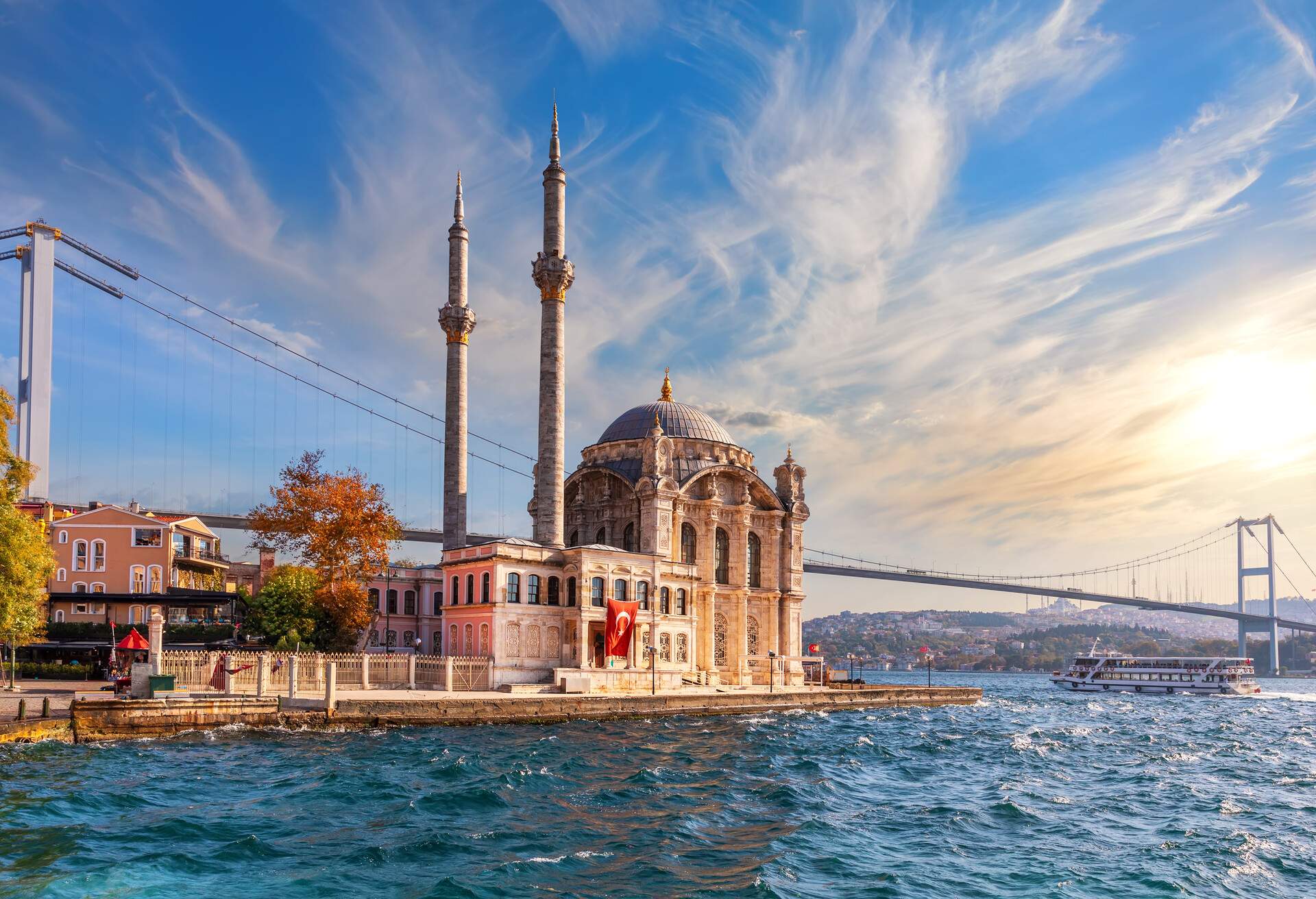 Ortakoy Mosque and the Bosphorus bridge at sunset, Istanbul, Turkey. 