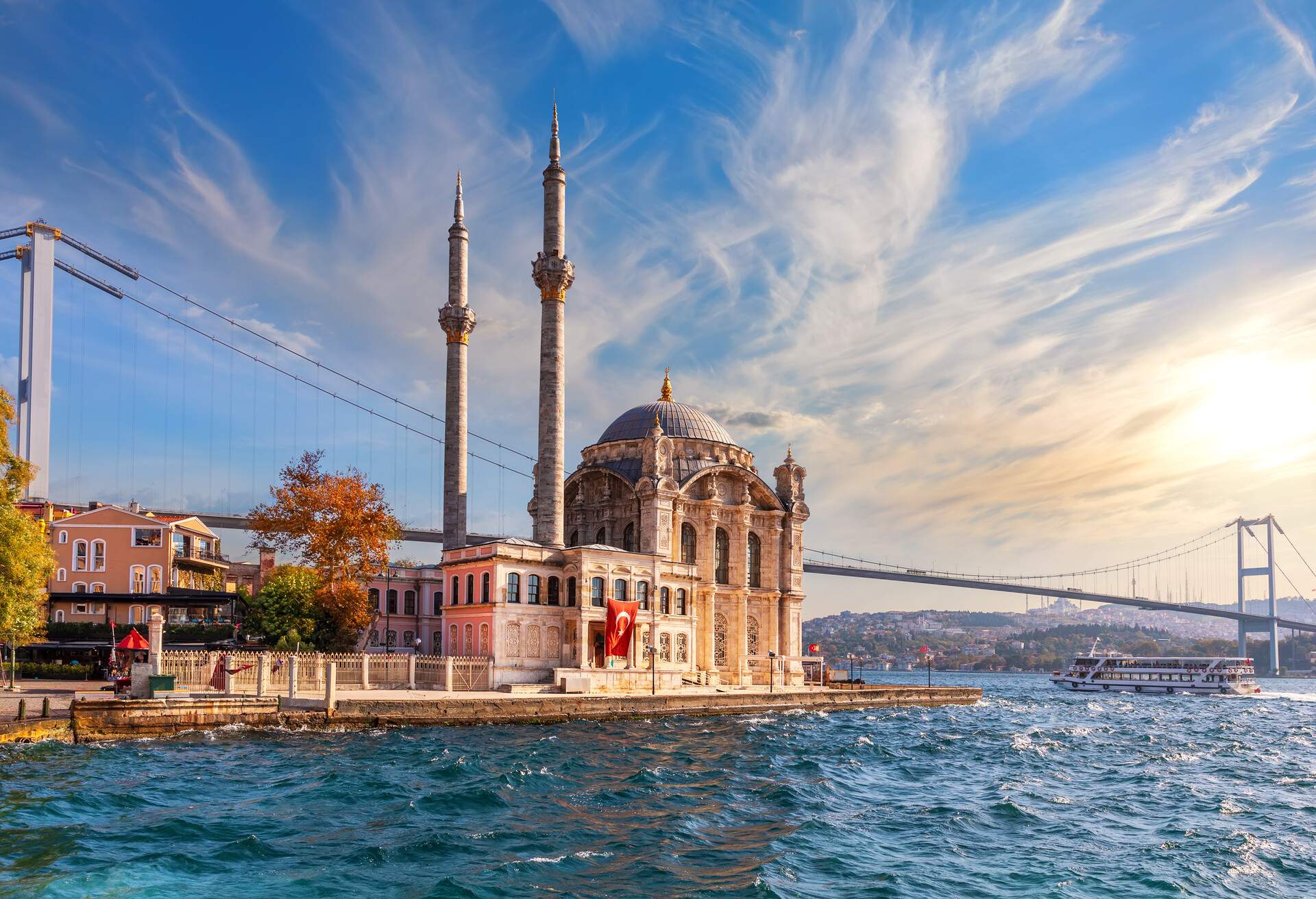 Ortakoy Mosque and the Bosphorus bridge at sunset, Istanbul, Turkey.