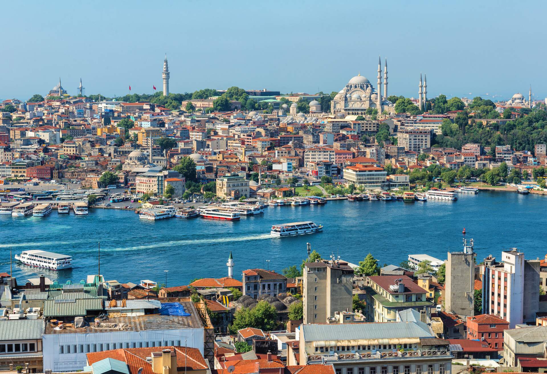 Ferry ships sail up and down the Golden Horn in Istanbul, Turkey.