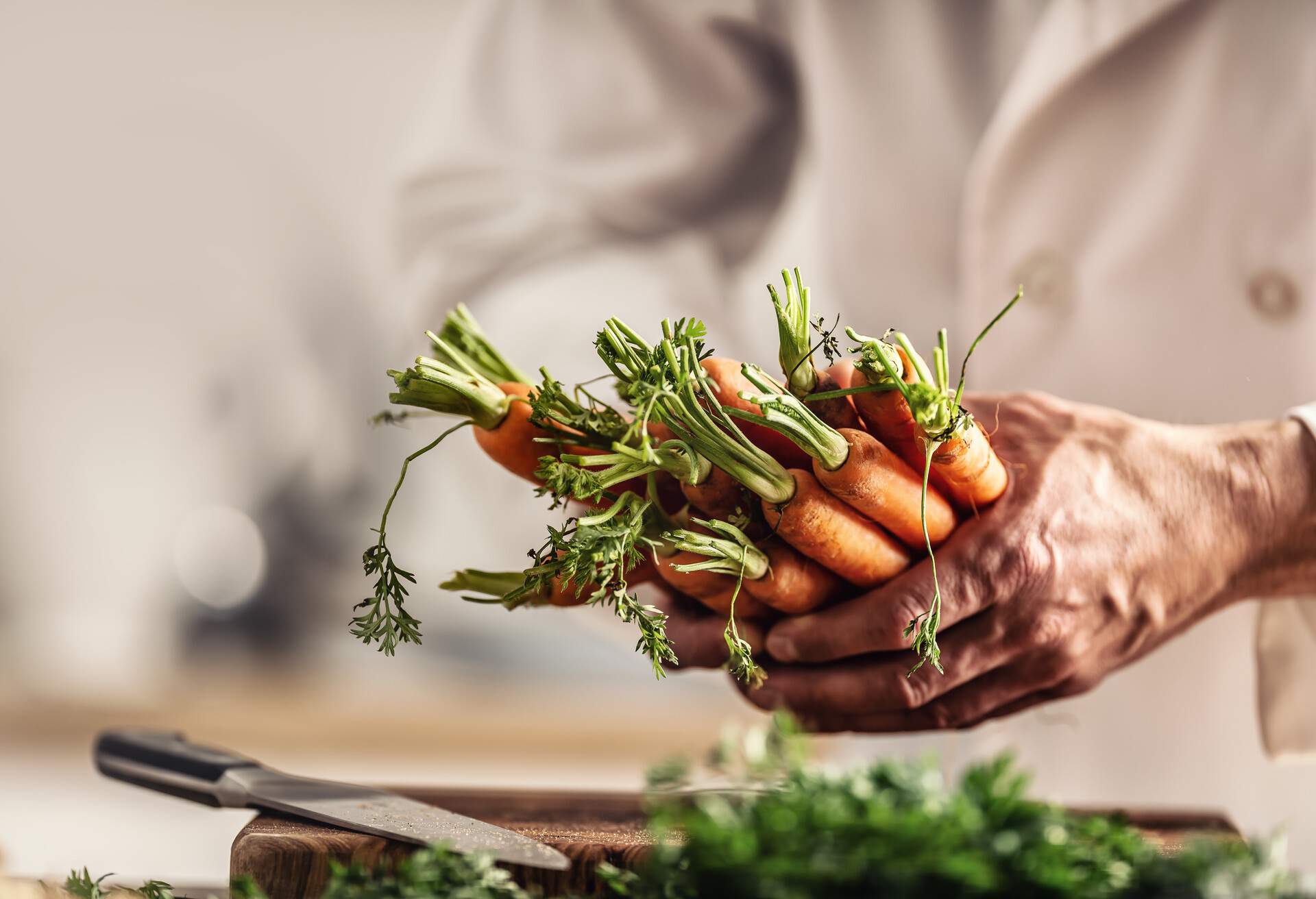 Chef in a restaurant kitchen holding a fresh carrot in his hands.