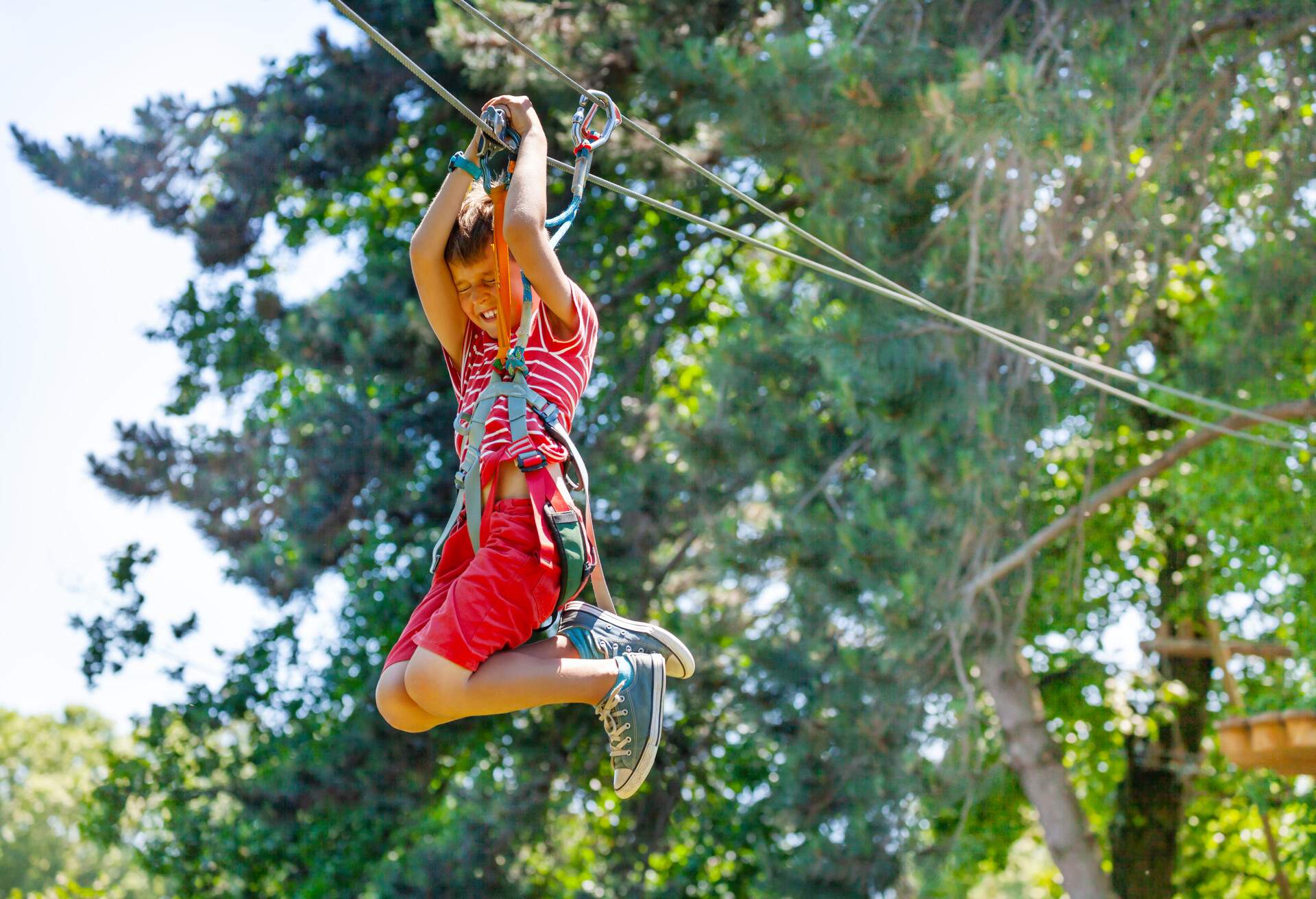 Boy scream and fast slide zip line with trolley at adventure park