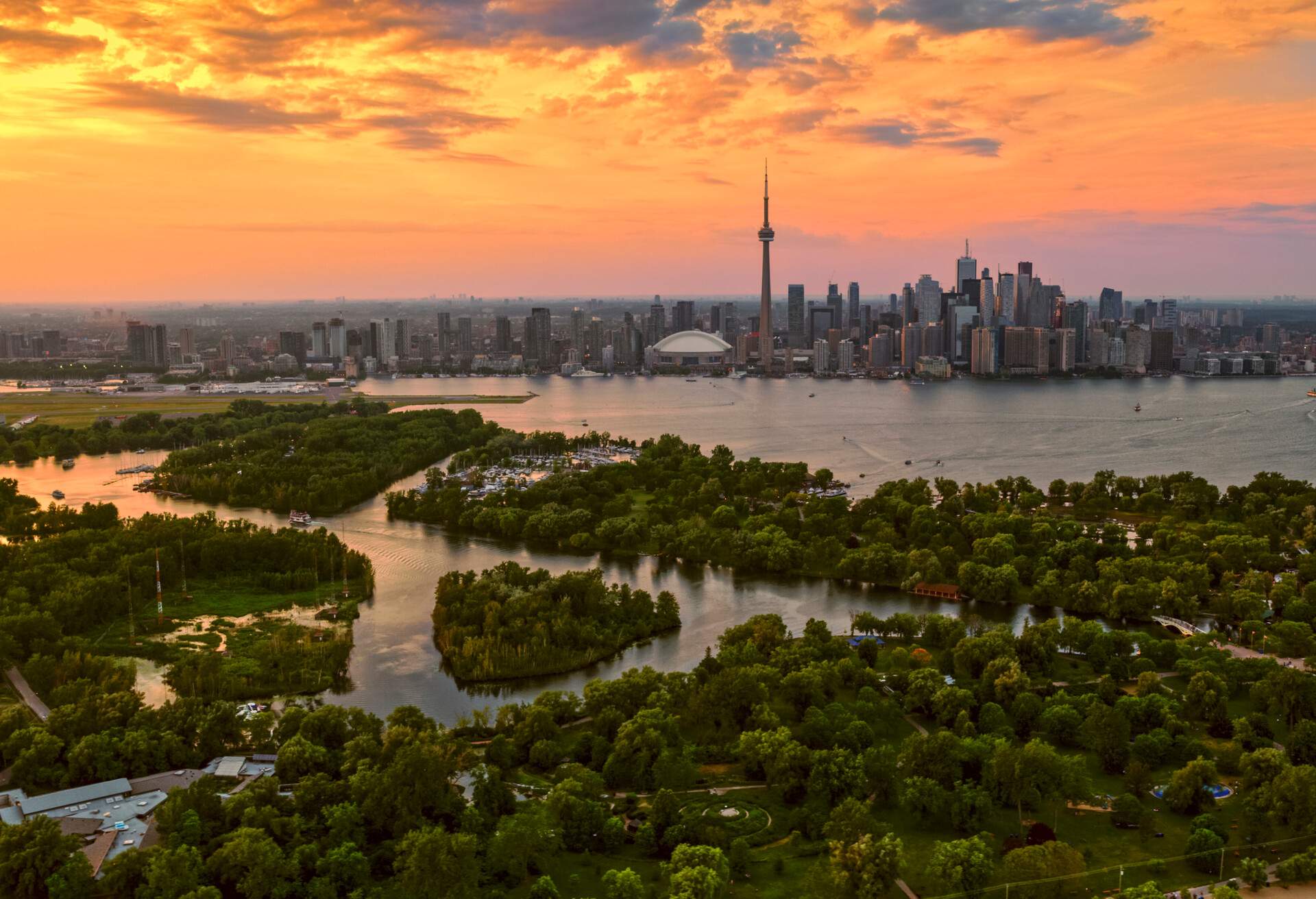 Aerial view of Toronto skyline from Toronto Island at sunset, Toronto, Ontario, Canada.