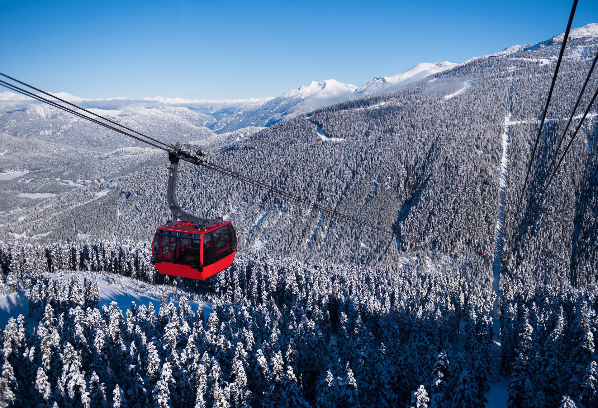 A red cable car suspended in mid-air above the terrain of a forest covered in snow.