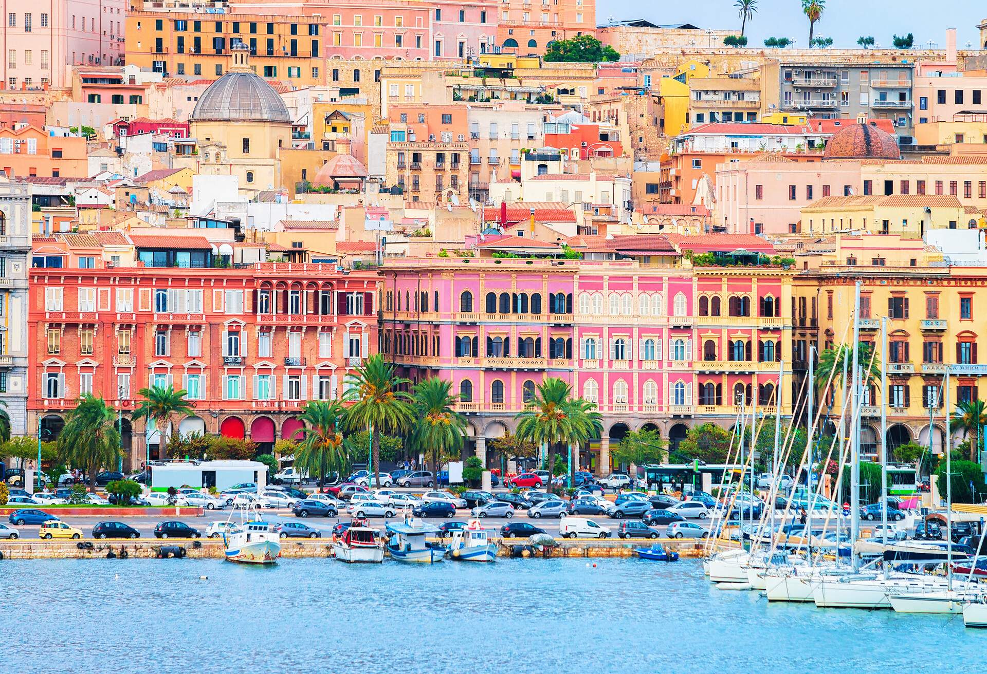 Cityscape with marina in the Mediterranian sea in Cagliari, Sardinia, Italy