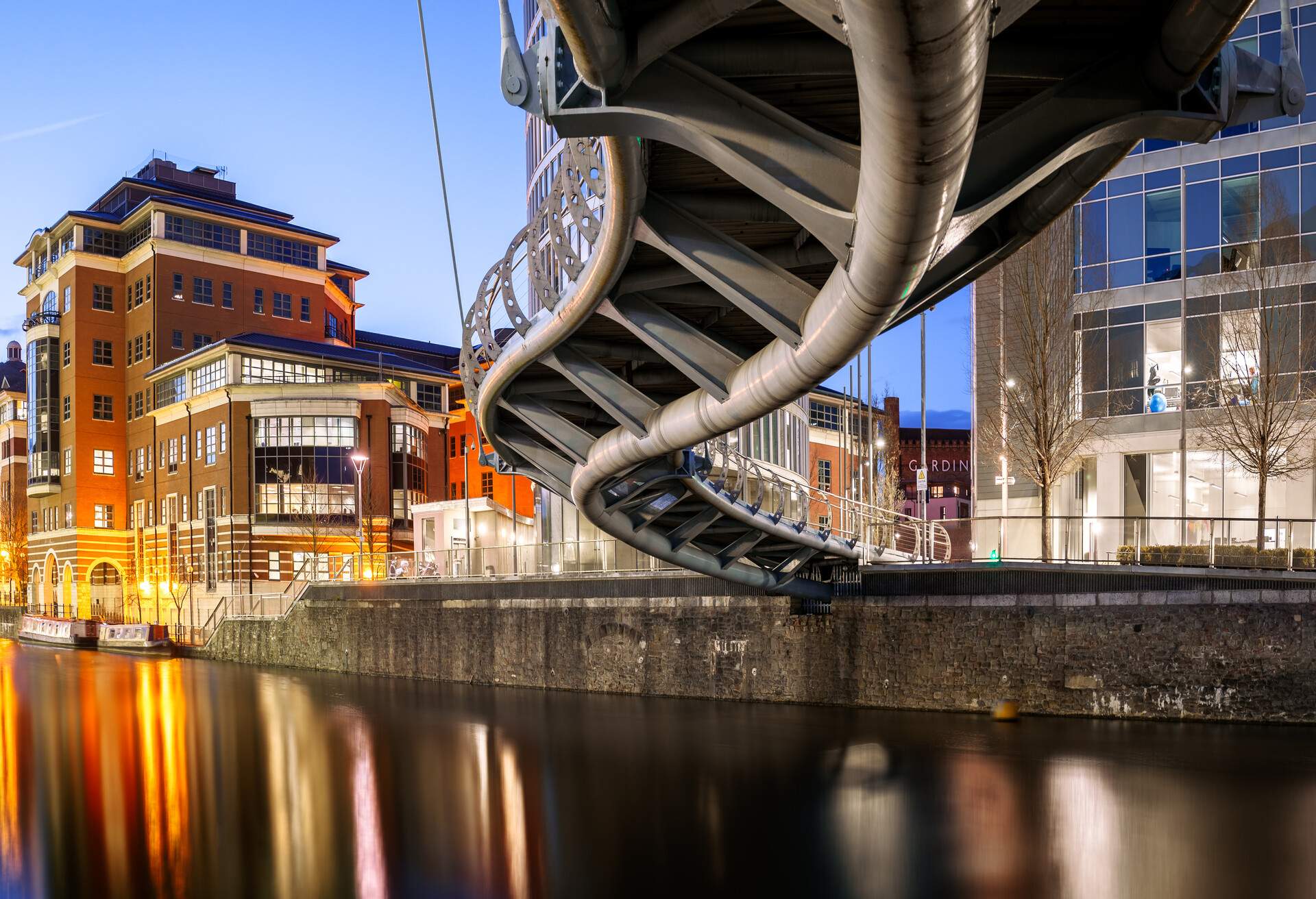 Under the Valentine Bridge, Bristol, Somerset, England..This is the curvy pedestrian bridge a short walk directly north of the Bristol Temple Meads Railway Station