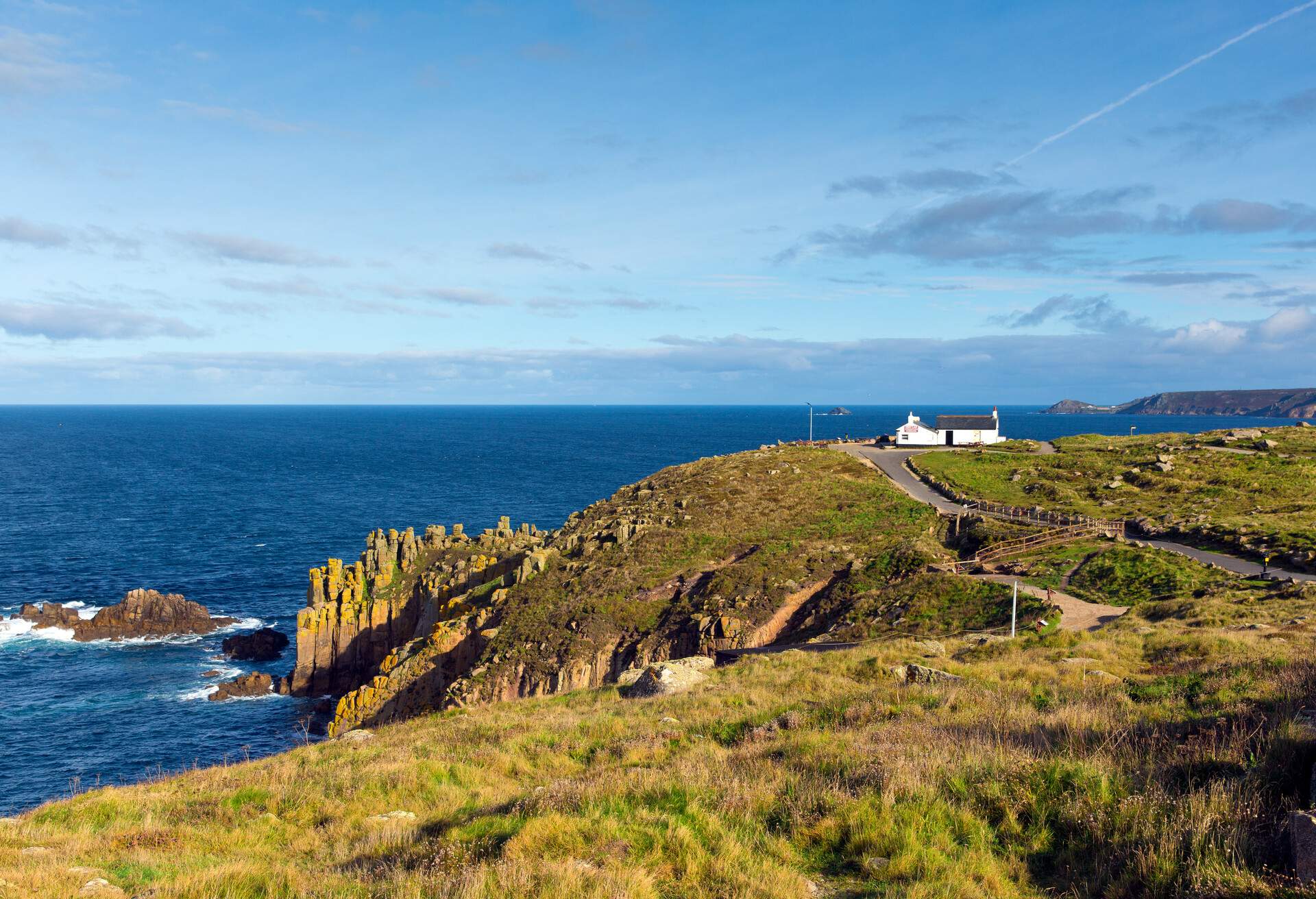 View of Land`s End Cornwall the most westerly point of England on the Penwith peninsula eight miles from Penzance