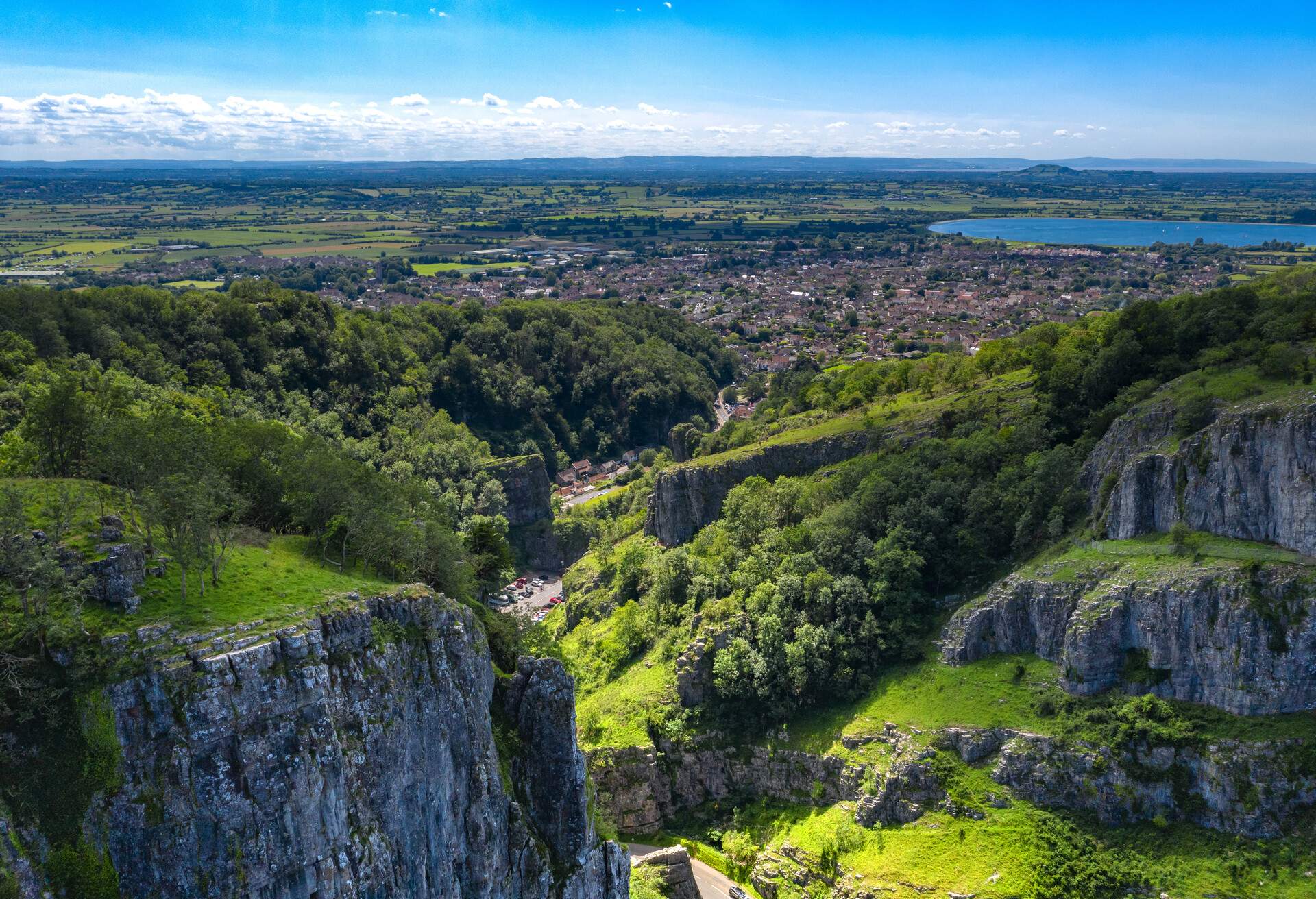 Aerial view of Cheddar Gorge and the surrounding area. 