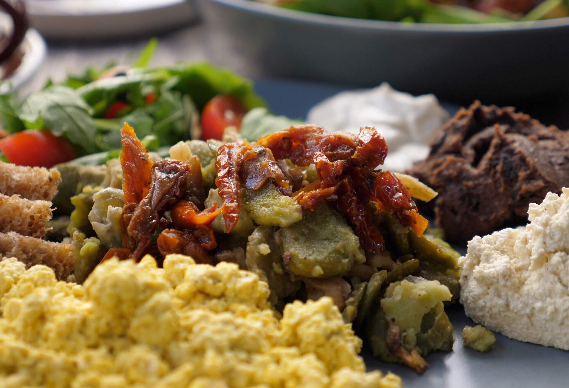 Close up of healthy organic vegan breakfast of full English and salad. Balanced vegan diet. High quality photo