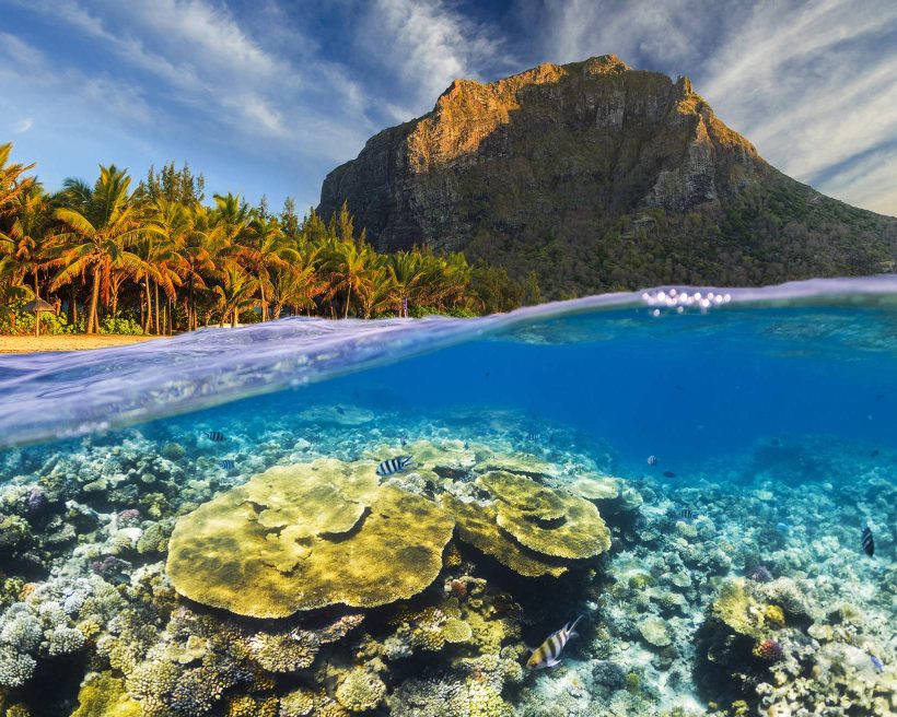 UNDERWATER VIEW OF MAURITIUS AND MOUNTAIN