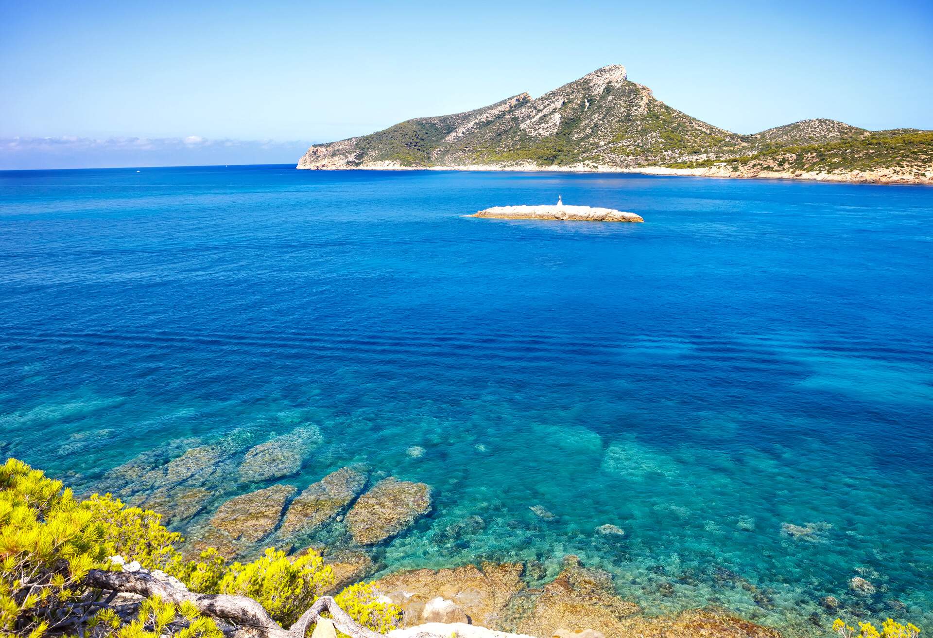 Island scenery, seascape of Mallorca Spain. Idyllic coastline of Majorca, Mediterranean Sea on sunny day.