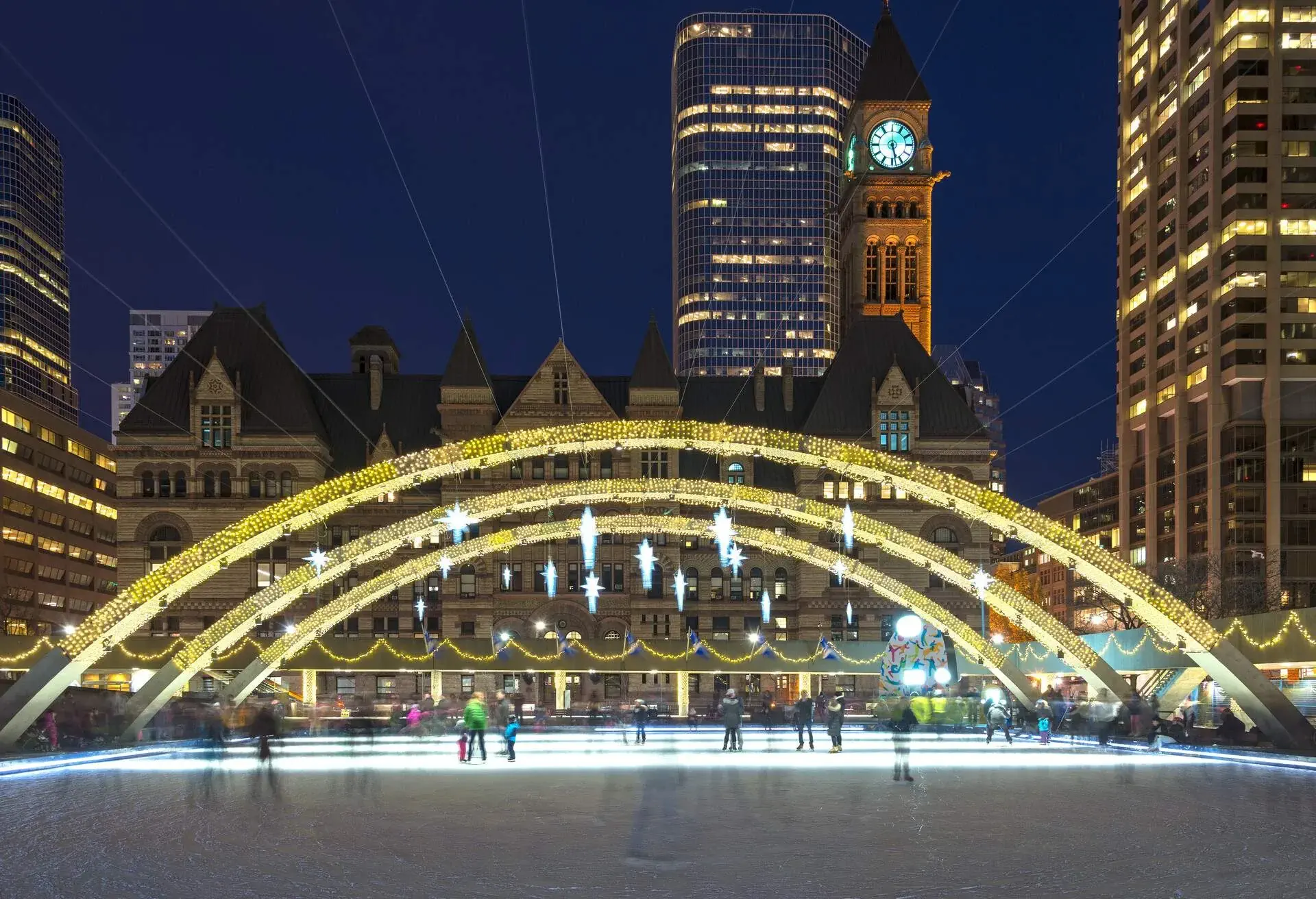 Toronto Christmas tree and decorations at City Hall during the holiday season, beautiful lights of a Christian celebration it he melting pot that is Toronto