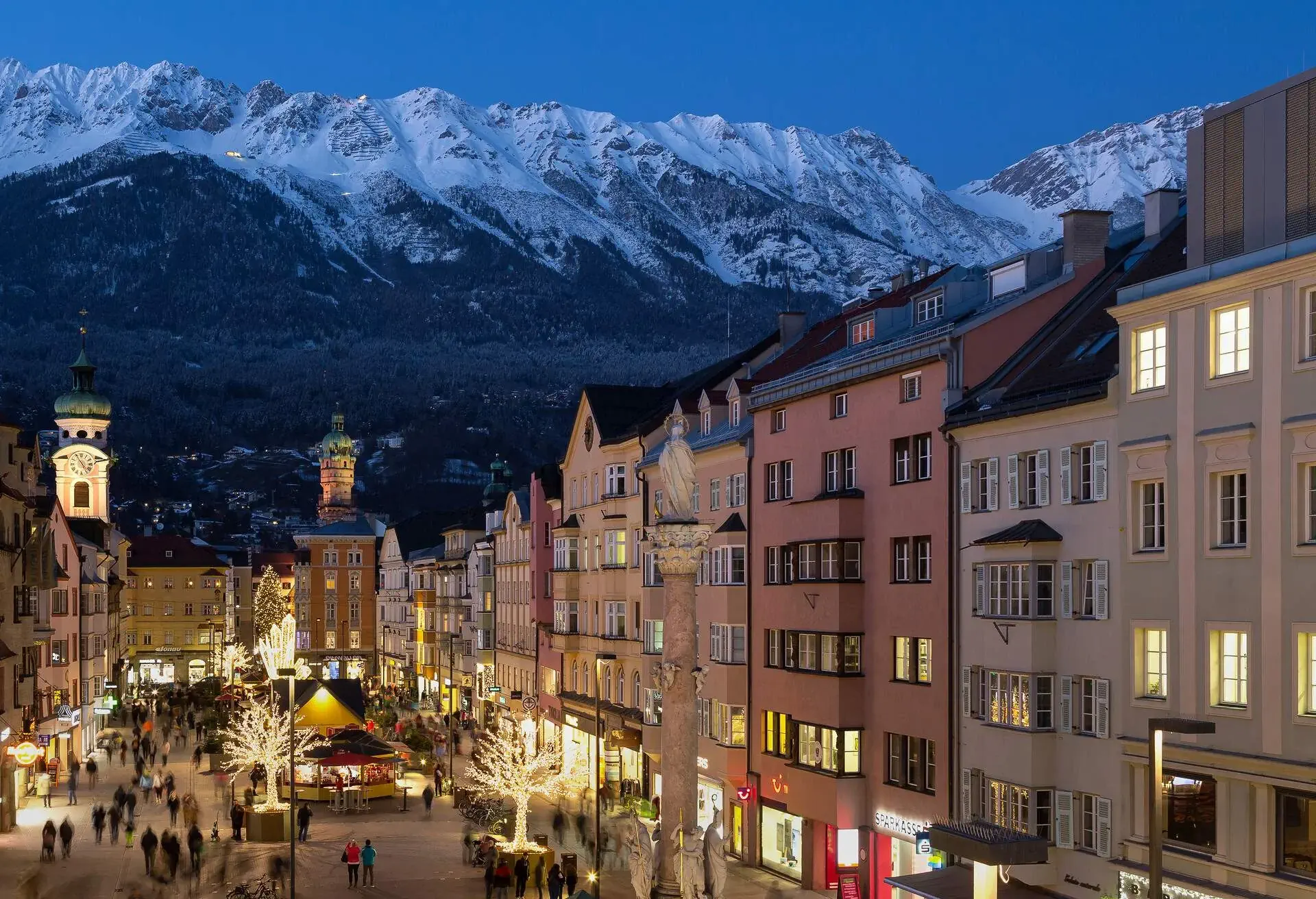 Christmas market on Maria-Theresien-Straße street in Innsbruck in winter