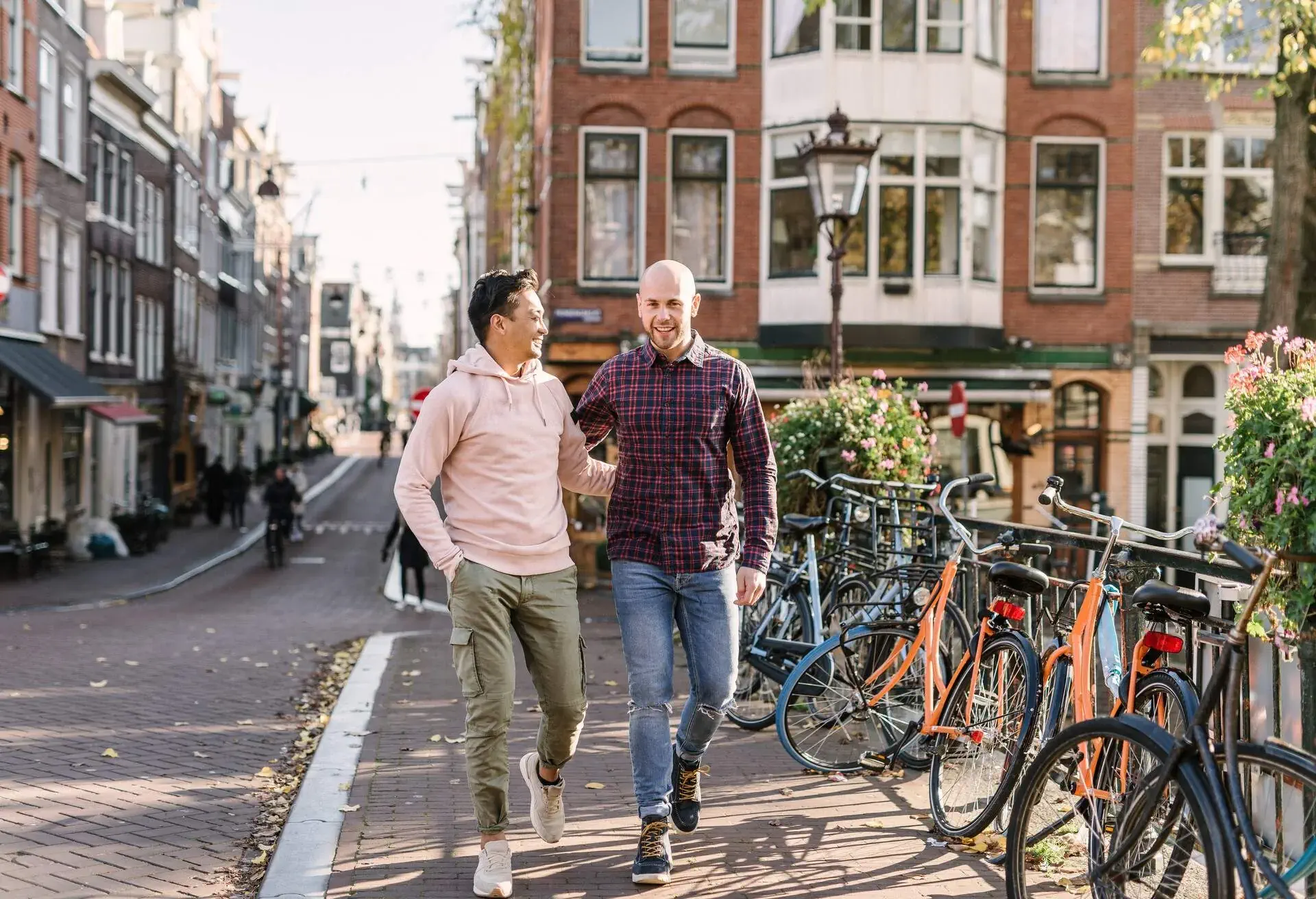 Modern gay couple enjoying the city break in late autumn or early winter in sunny Amsterdam

This is branded checkfelix, but may also be used for KAYAK