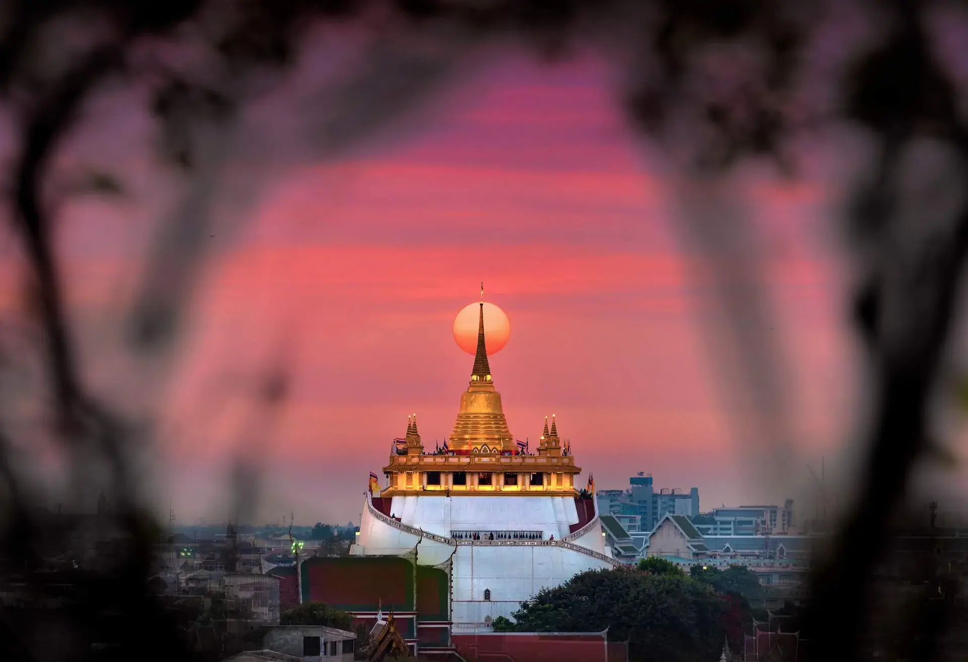 Sunset Down Behide The Golden Pagoda Wat Saget Bangkok thailand