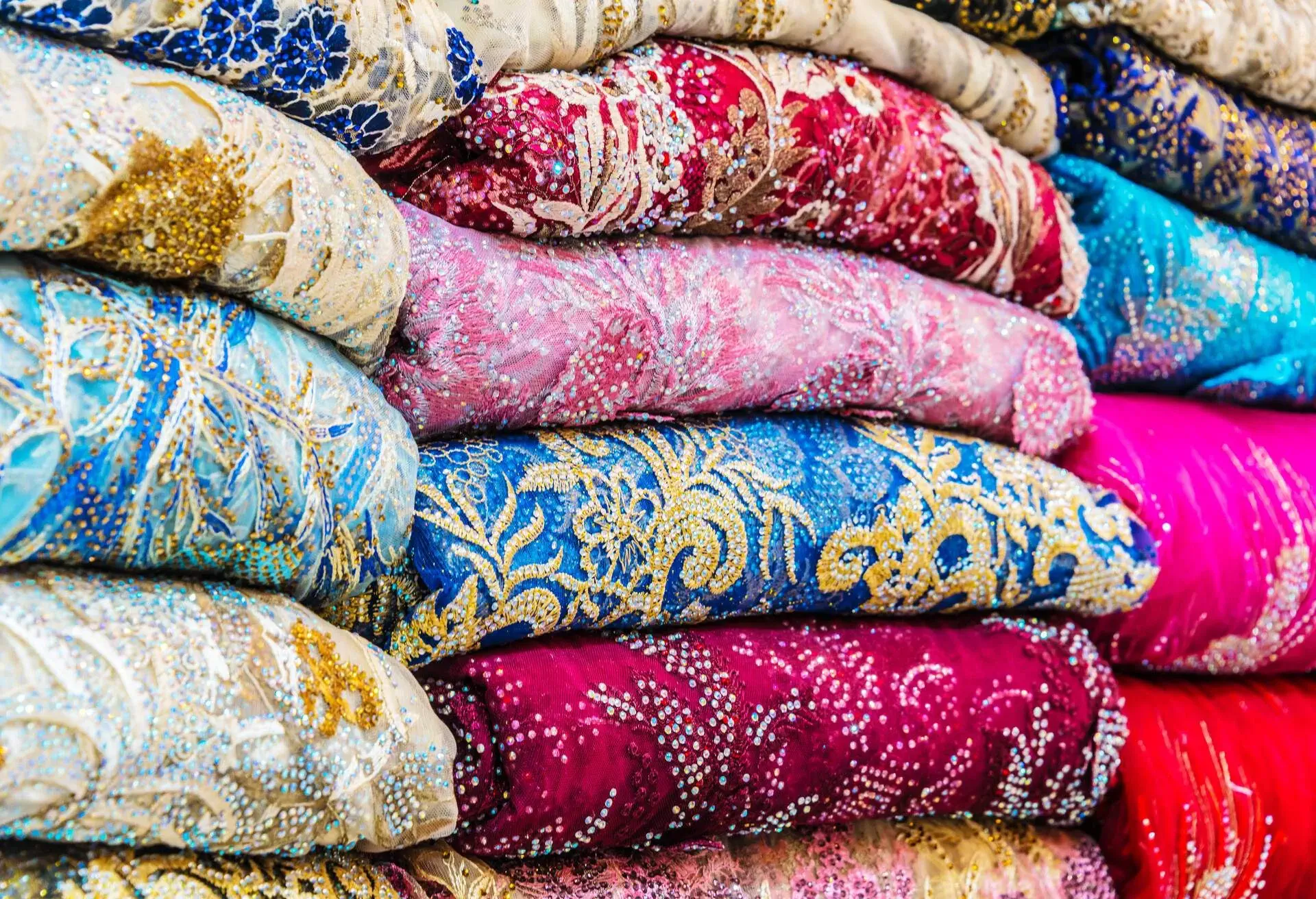Traditional oriental cloth sold in a store in old town Dubai, United Arab Emirates