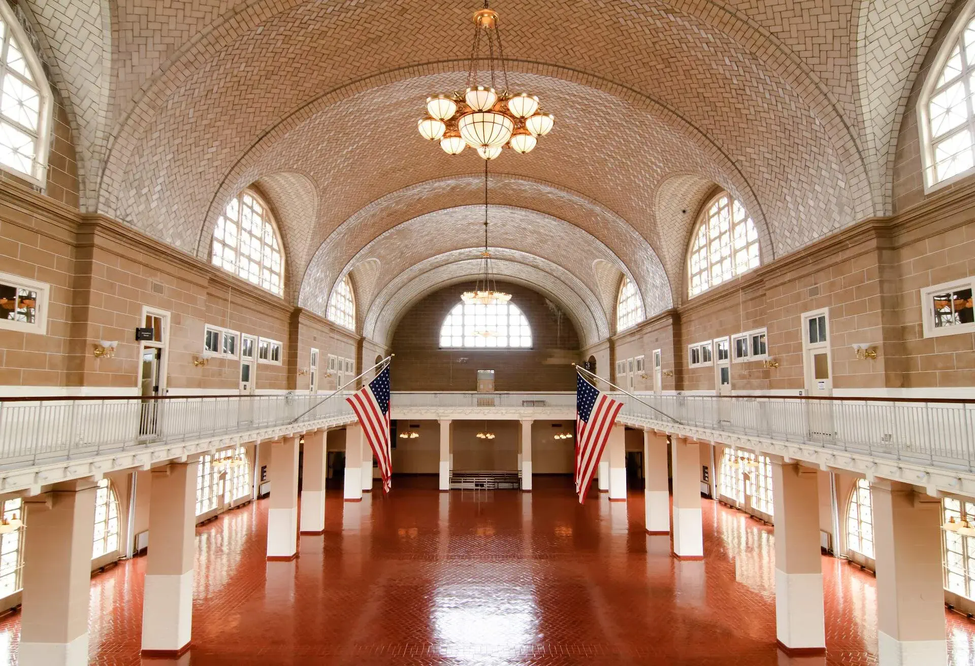 Grand hall in the Ellis Island Museum. Historic building of immigration to the US.
