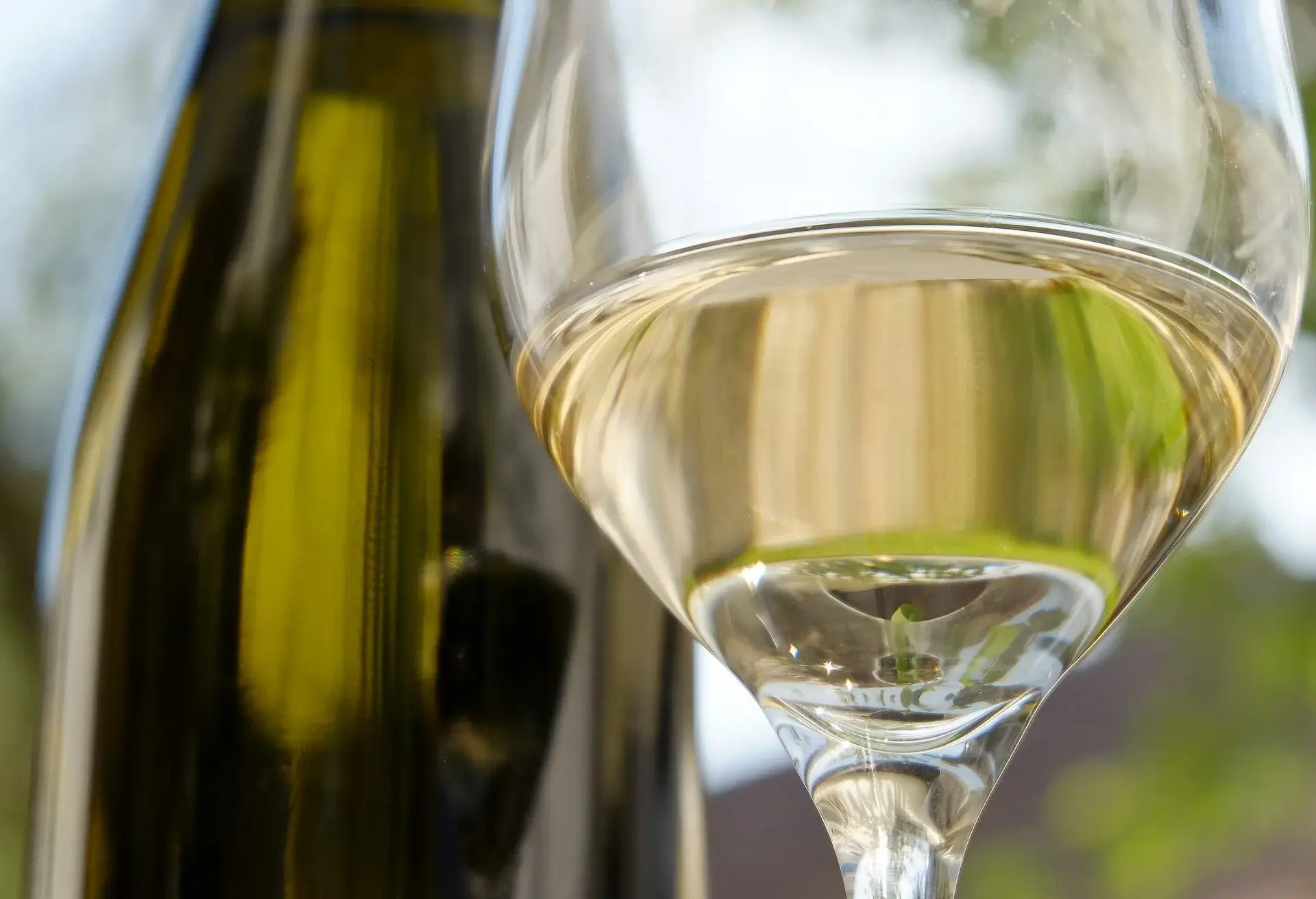 Wine glass with white wine in front of a bottle - Wachau - Austria