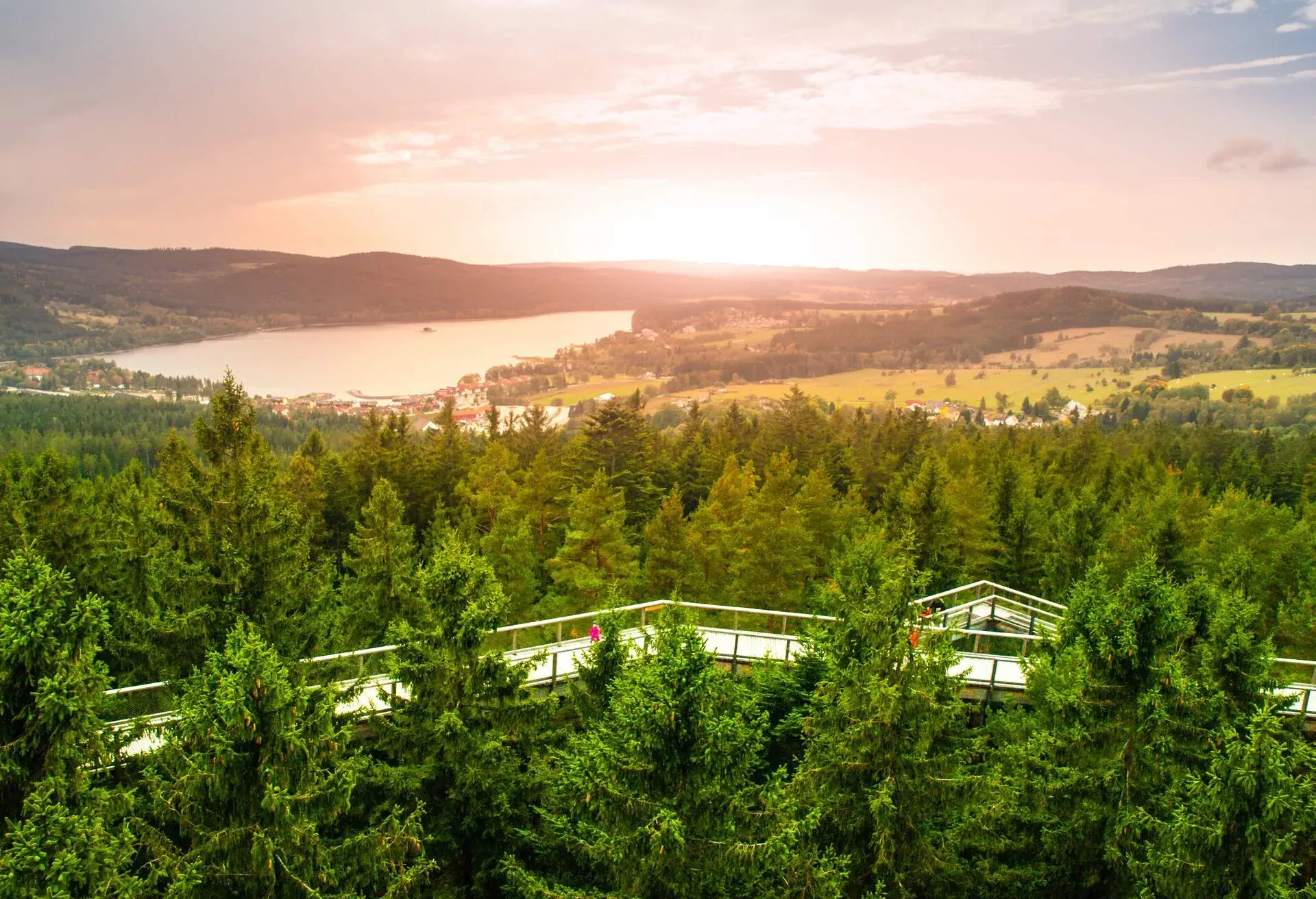 Aerial view of Lipno Dam from Treetop Walkway, Lipno nad Vltavou, Sumava National Park, South Bohemia, Czech Republic.