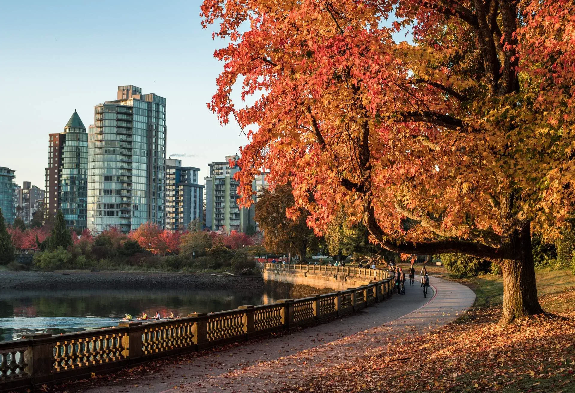People walk on the footpath by the riverbank with trees in autumn colours and urban scenery in the background.