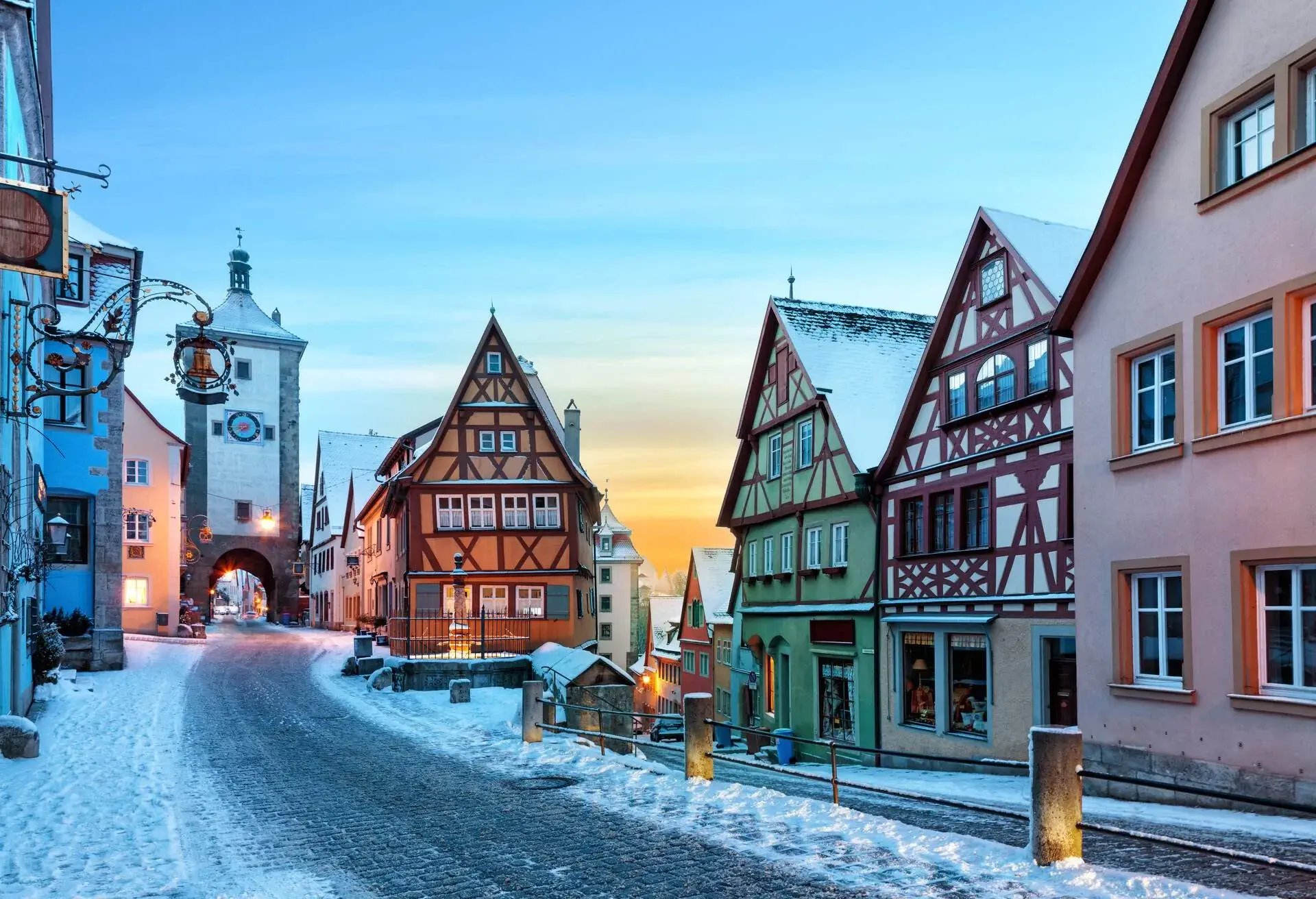 Amazing winter in old town of Rothenburg ob der Tauber, Middle Franconia, Bavaria, Germany