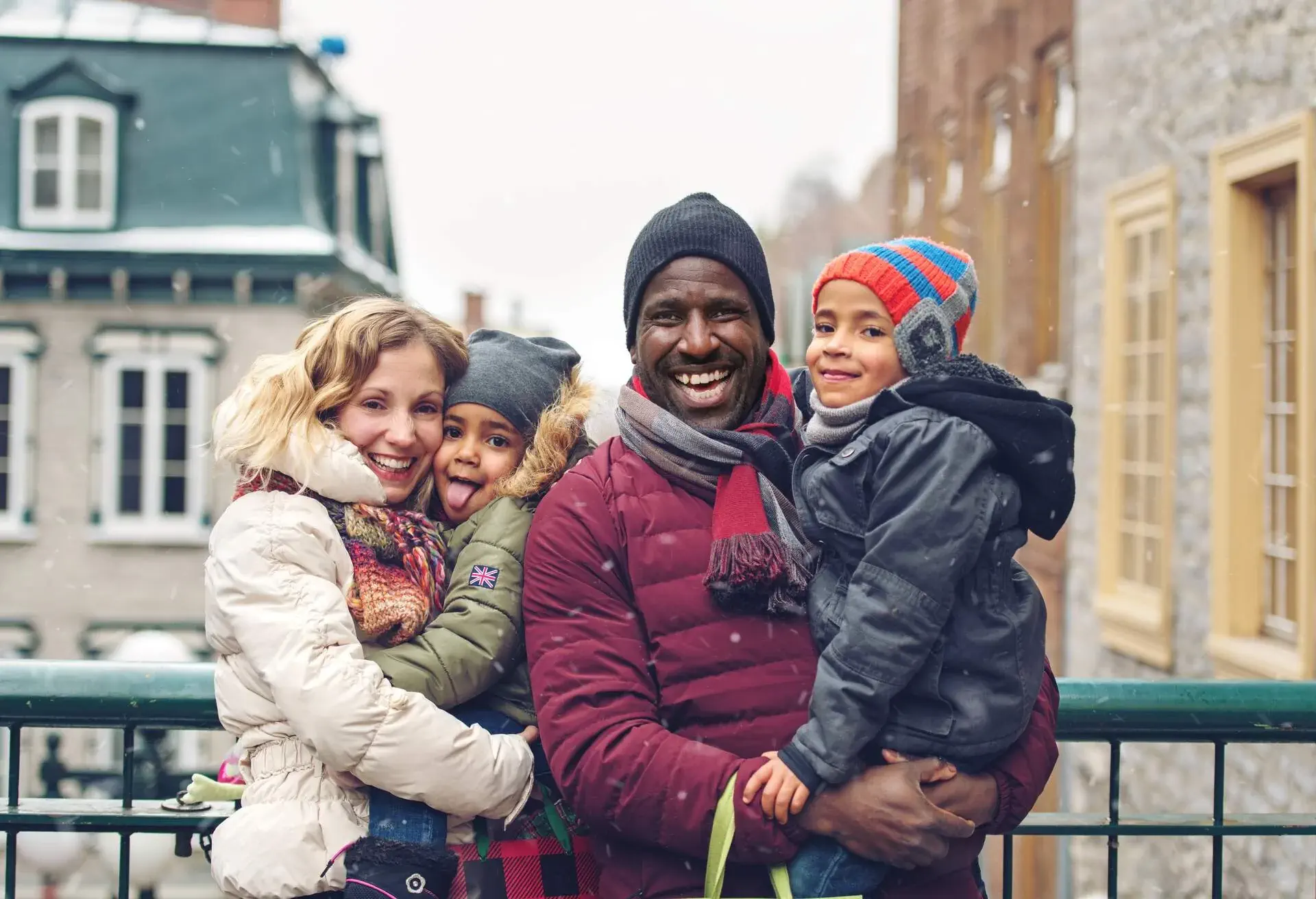 A day in the life of a multiraced family who shop for Christmas. Family portrait in Quebec City