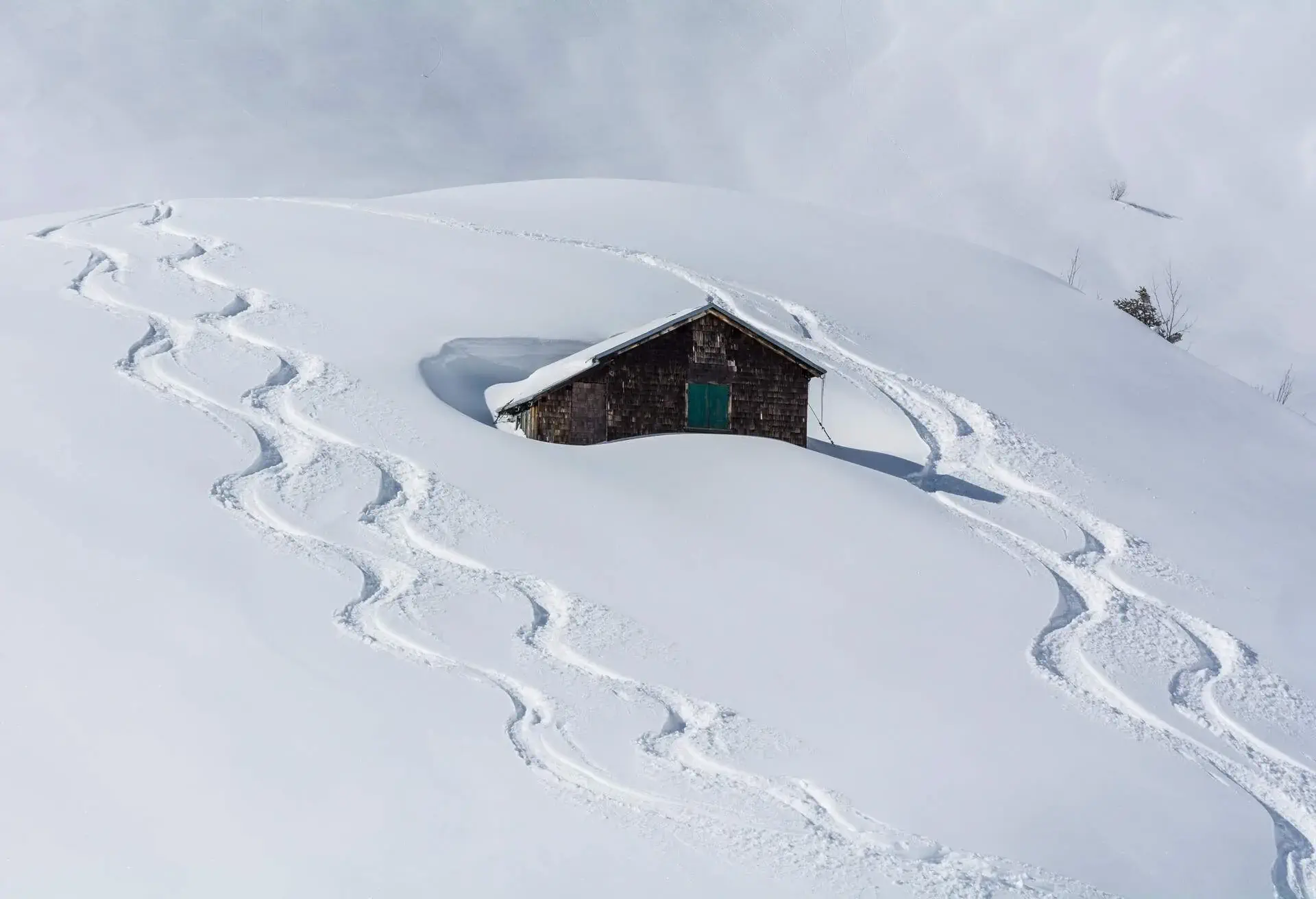 Mountain Cabin with Ski Tracks in Deep Snow, Winter, Kanzelwand, Fellhorn, Obersdorf, Allgaeu, Bavaria, Germany.