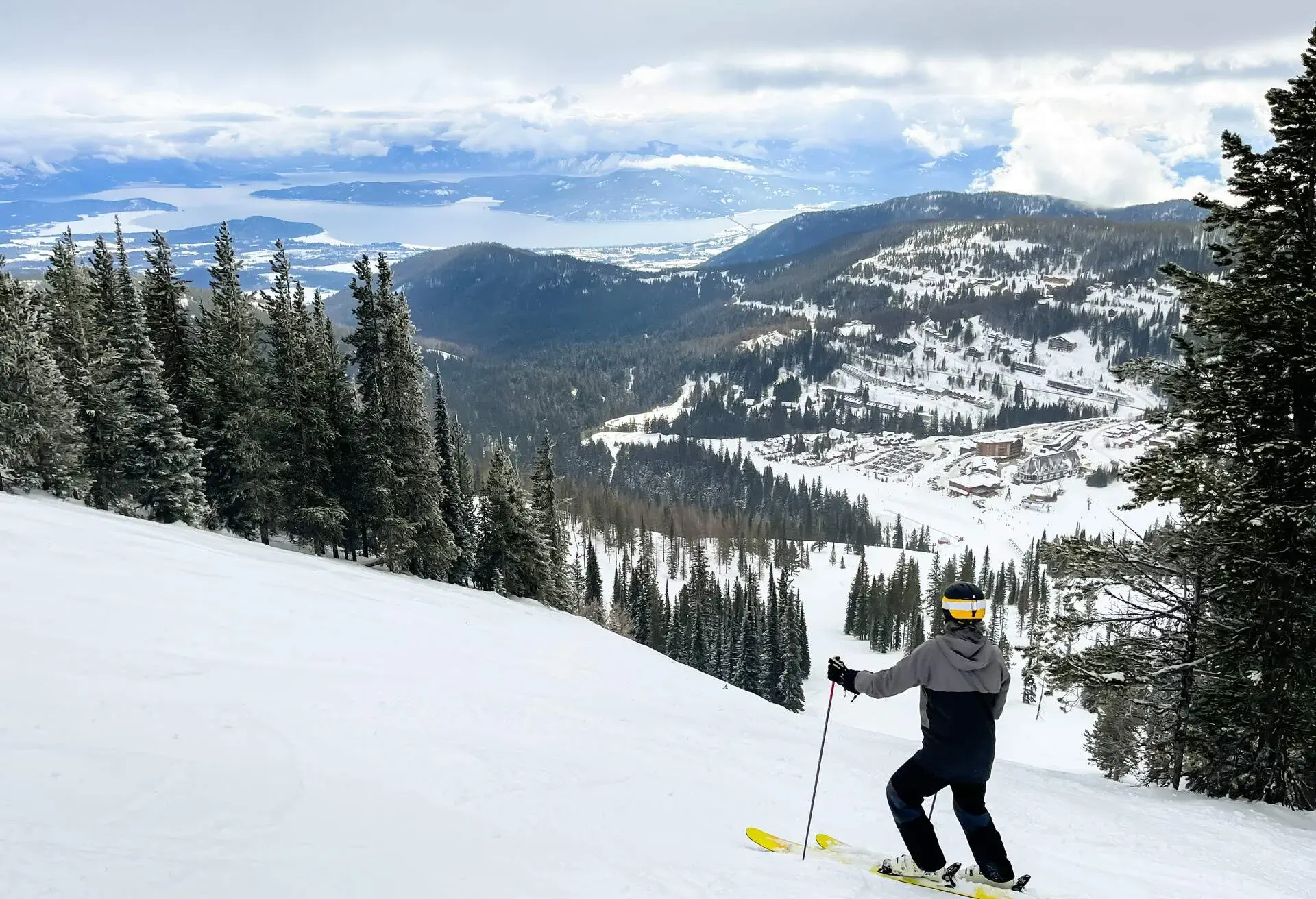 Alpine Downhill Skiing. Ski portrait of a man alpine skier on a cold day on a steep snowy trail next to snow covered trees with a valley view. Red Mountain, BC.